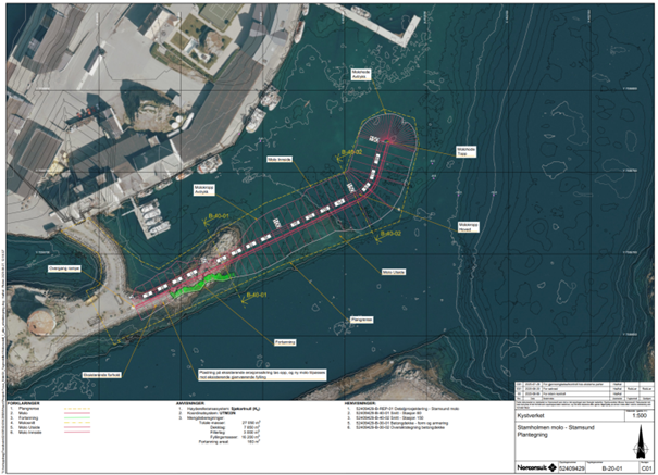 Illustrasjon av en havn med linjer og streker tegnet på.