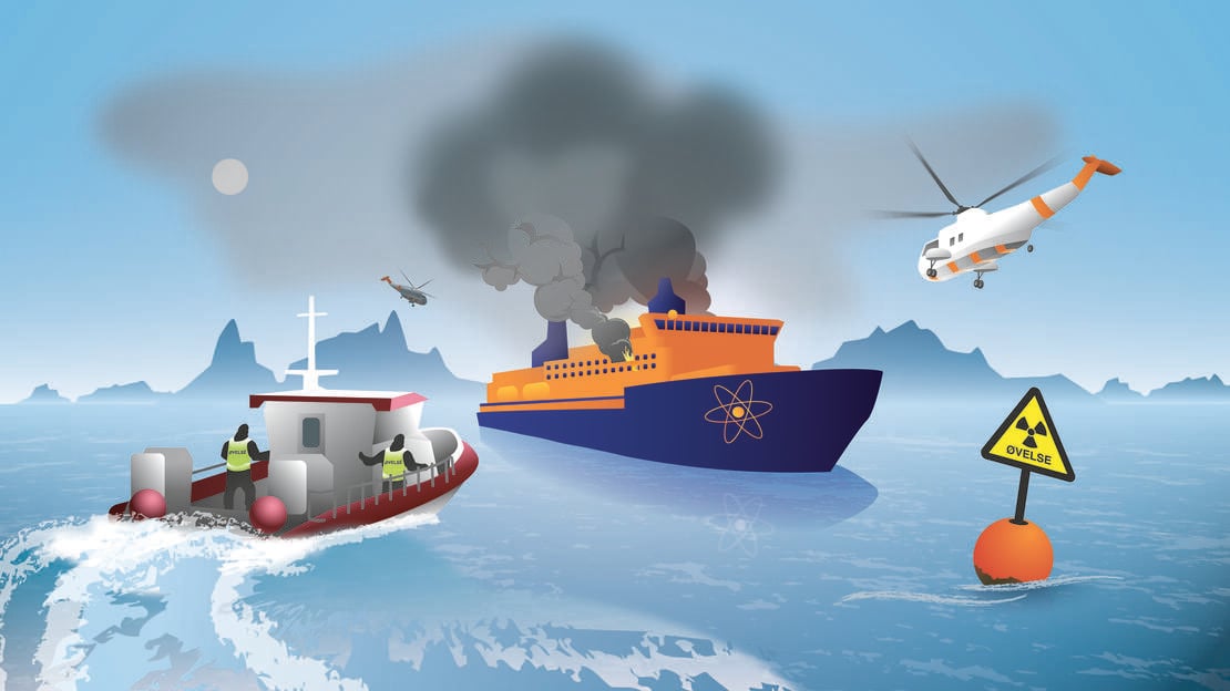 En lang rekke aktører fra inn og utland skal øve under Arctic REIHN (Illustrasjon). Illustrasjon som viser skip, helikopter og redningsskøyte