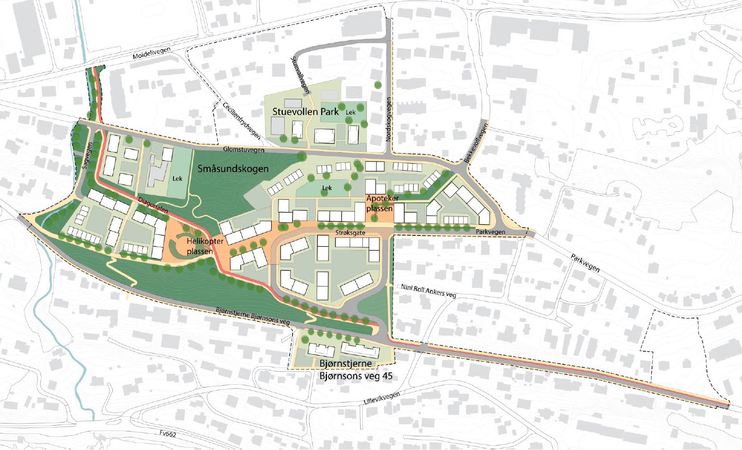 Illustrasjonsplan som viser planområdet for Lundavang og Stuevollen.