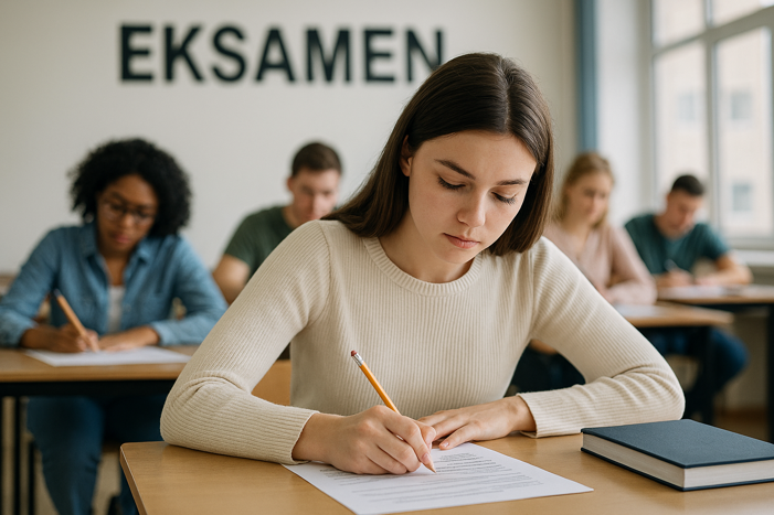 Jente som skriver på papir. I bakgrunnen sitter andre elever. På veggen står det eksamen 