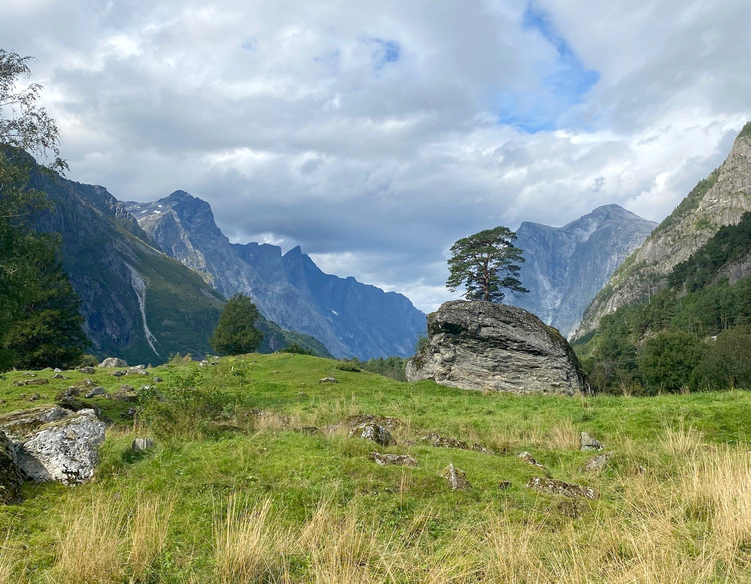 Ein grøn, kupert eng med store steinar. Høge fjell i bakgrunnen.