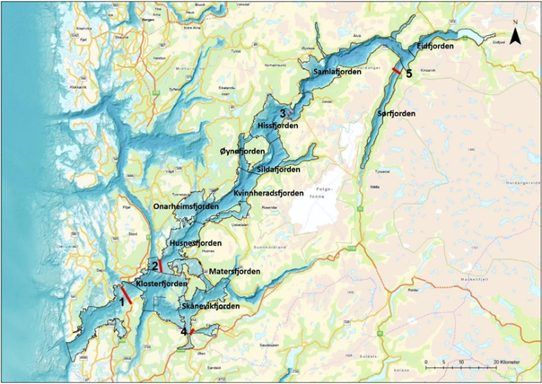 Kart over Hardangerfjorden som viser tersklane som skiljer djupvassbassenga. 