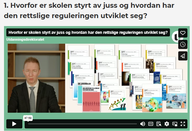 Foto: Faksimile / Udir.no. Utklipp fra nettfilm foredrag om ny opplæringslov med tema Hvorfor er skolen styrt av juss og hvordan har den rettslige reguleringen utviklet seg?