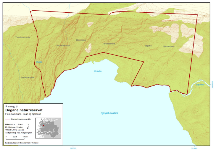 Kart over framlegg til Bogane naturreservat i Flora kommune