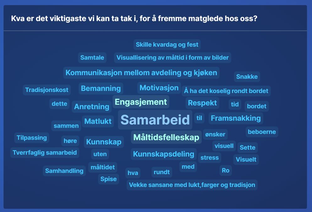 Deltakarane vart utfordra til å dele korleis dei vil jobbe med matglede framover. Det monna ut i denne ordskya.