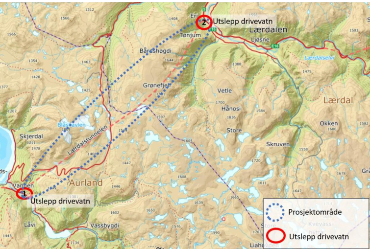 Planområdet E16 Lærdalstunnelen og utsleppspunkt for reinsa drivevatn markert med raud ring