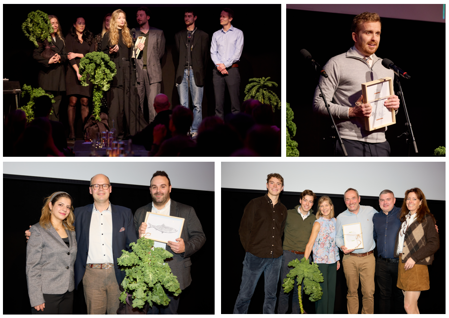 Gladere vinnere! Øverst fra venstre: Villbrygg som vant Årets produsent og Kristoffer Torheim og "Takk for maten"-podden som vant Årets formidler. Nederst fra venstre: Kalnes videregående skole vant Årets storkjøkken og Hørte gård som vant Debio-prisen.