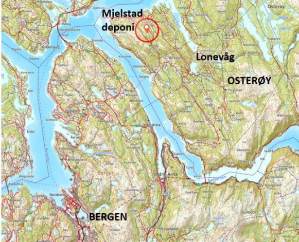 Figur 1: Mjelstad deponi (markert med raudt) ligg på Osterøy.