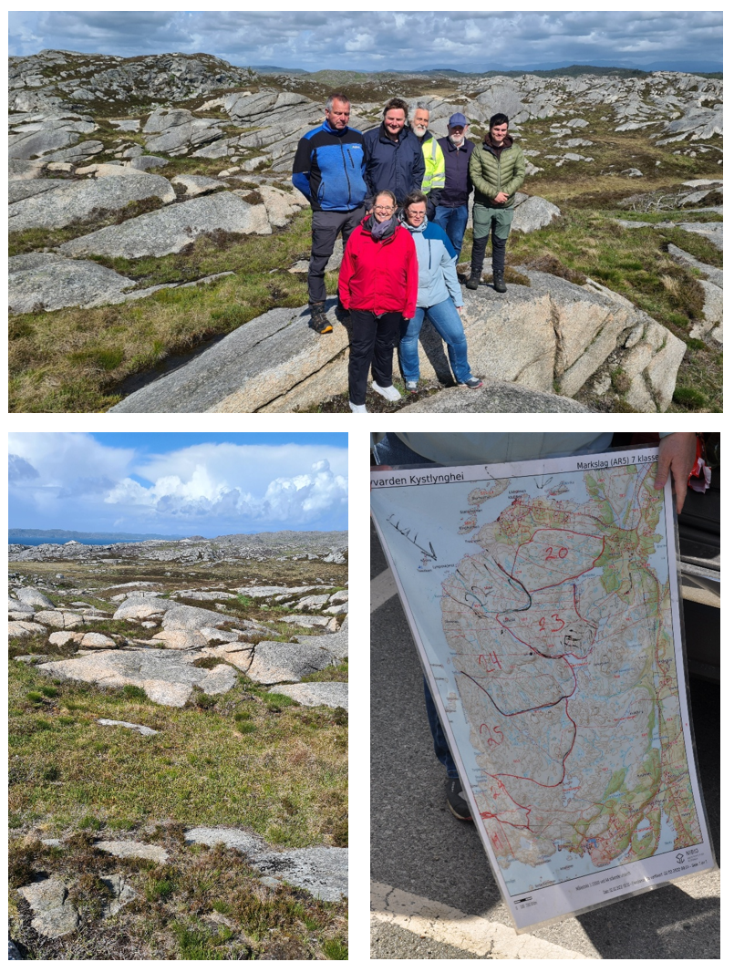 Tre bilder med landskap og 7 personer i øverste bilde. Nederste bilde til høyre er et kart med inndeling av skifter som skal brennes.