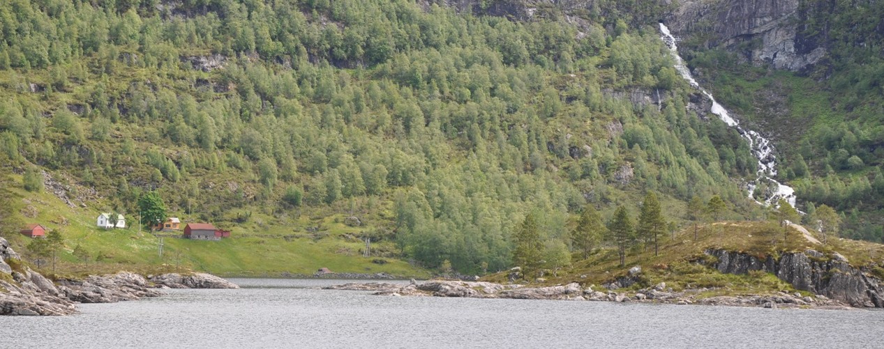 fjellgard med hus ved innsjø i fjellområde