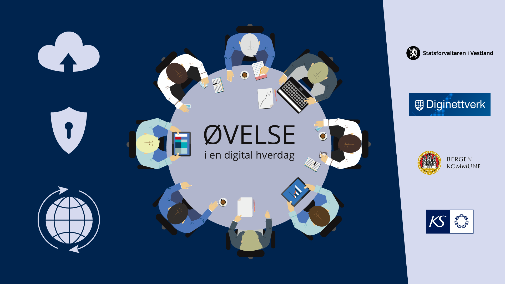 Grafisk illustrasjon av ei skrivebordsøving sett ovanfrå, med logoane til Statsforvaltaren i Vestland, Diginettverk, Bergen kommune og KS til høgre.