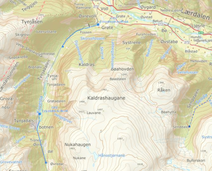 Oversiktskart som viser plassering av Tynjadalen og Fosseteigen kraftverk