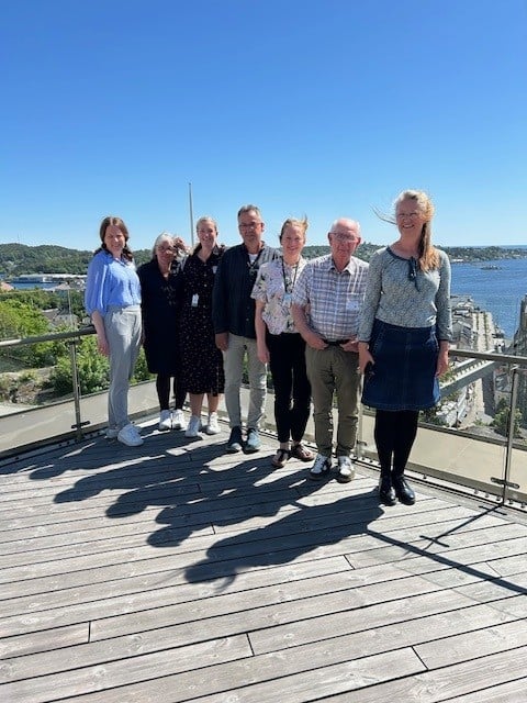 Syv mennesker stående på rekke på en terrasse
