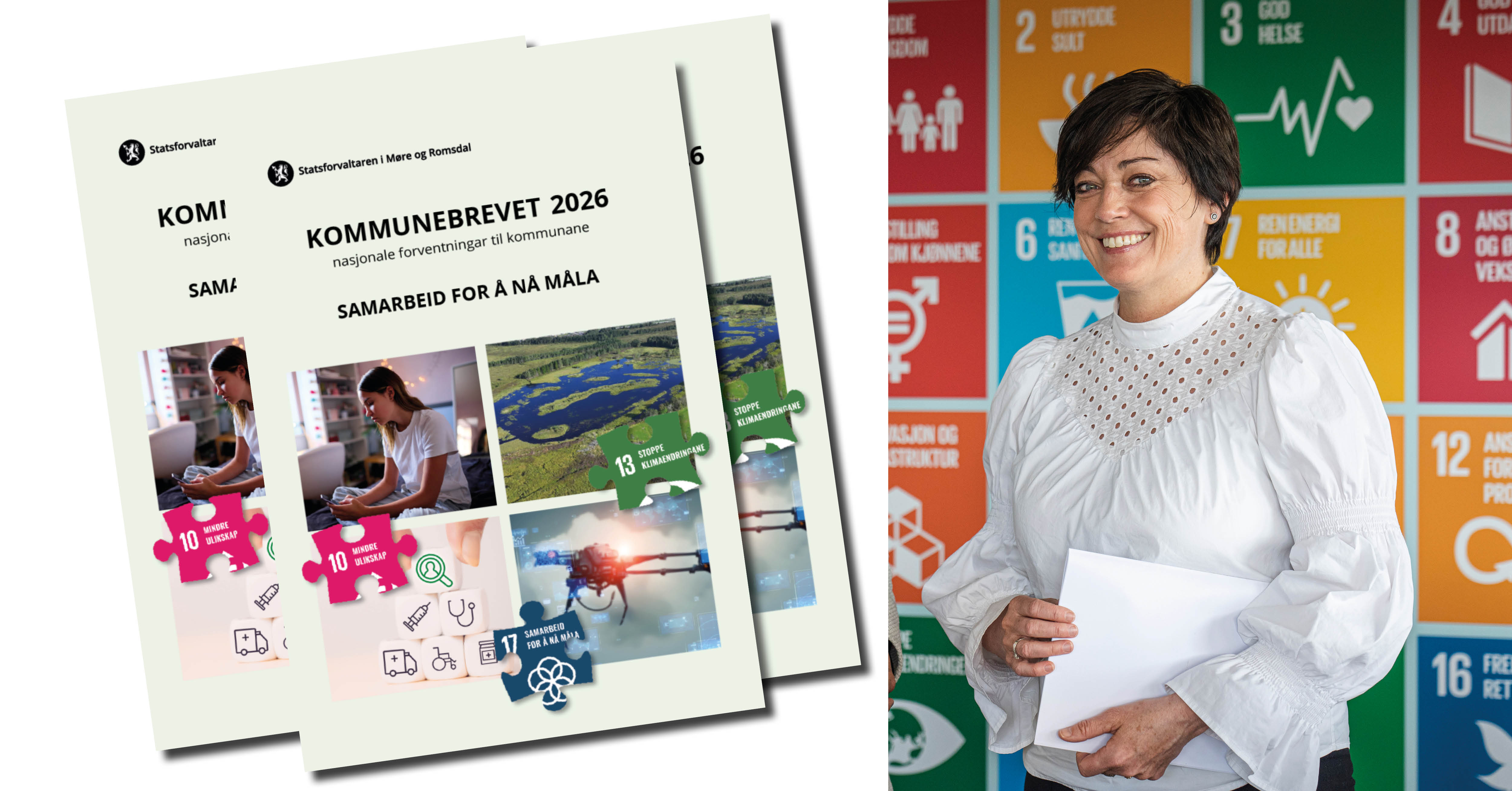 Viser tre eksemplar av kommunebrevet som ligger oppå hverandre til venstre, og portrett av Else-May Botten til høyre. 