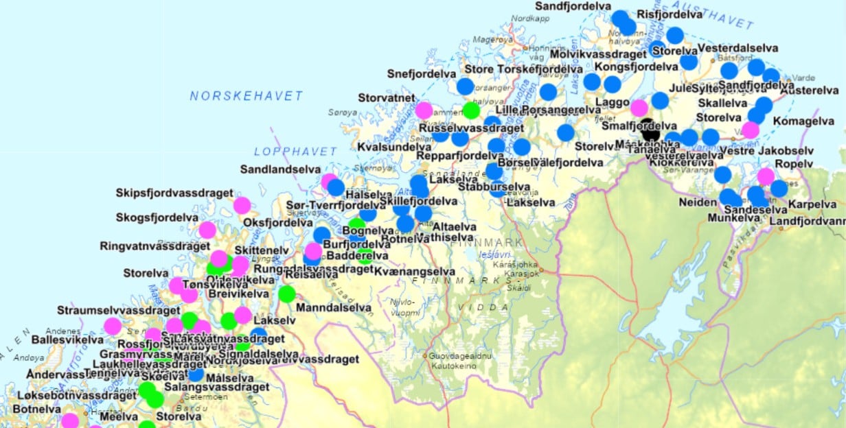 Disse elvene har laksefelle. Full oversikt finnes på Nordatlas.no