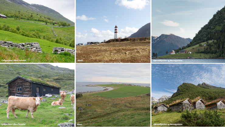 Bilete frå dei tre utvalde kulturlandskapa i Møre og Romsdal; Fjellgardene i Sunndal, Alnes og HJørundfjorden og Norangsdalen. Foto: Statsforvaltaren i Møre og Romsdal og Arnold Hoddevik. Bilete frå dei tre utvalde kulturlandskapa i Møre og Romsdal; Fjellgardene i Sunndal, Alnes og HJørundfjorden og Norangsdalen.
