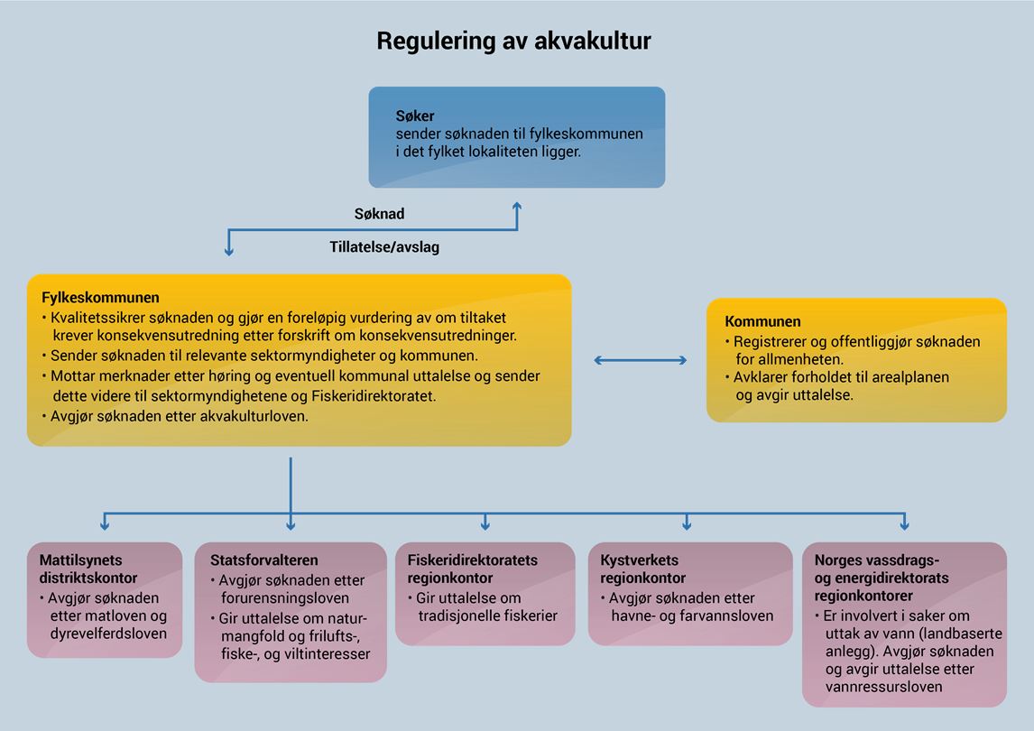 Regulering av akvakultur i Norge fra ulike myndigheter. Kilde: Miljødirektoratet