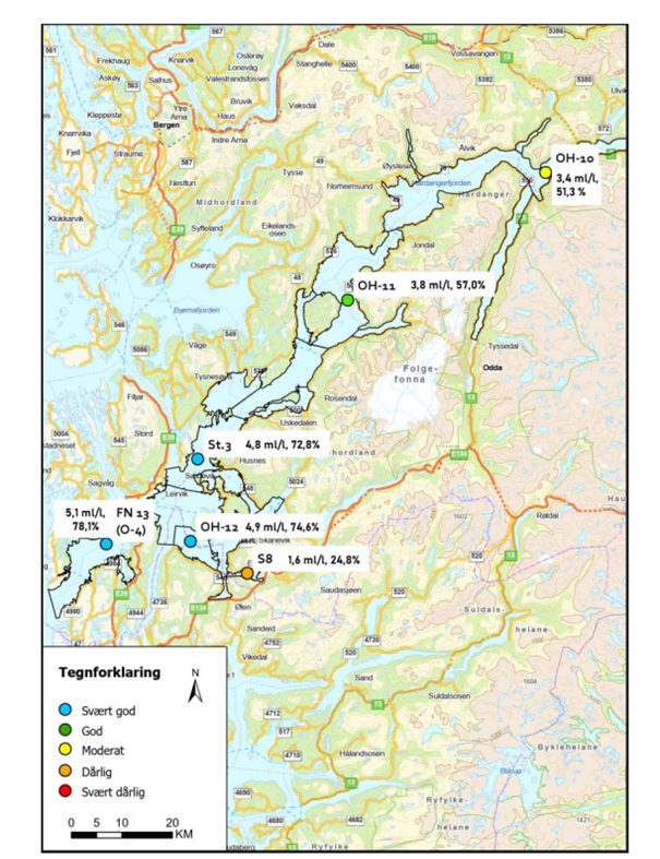 Kart over Hardangerfjorden med punkt som viser førebels tilstand for oksygen i botnvatn.