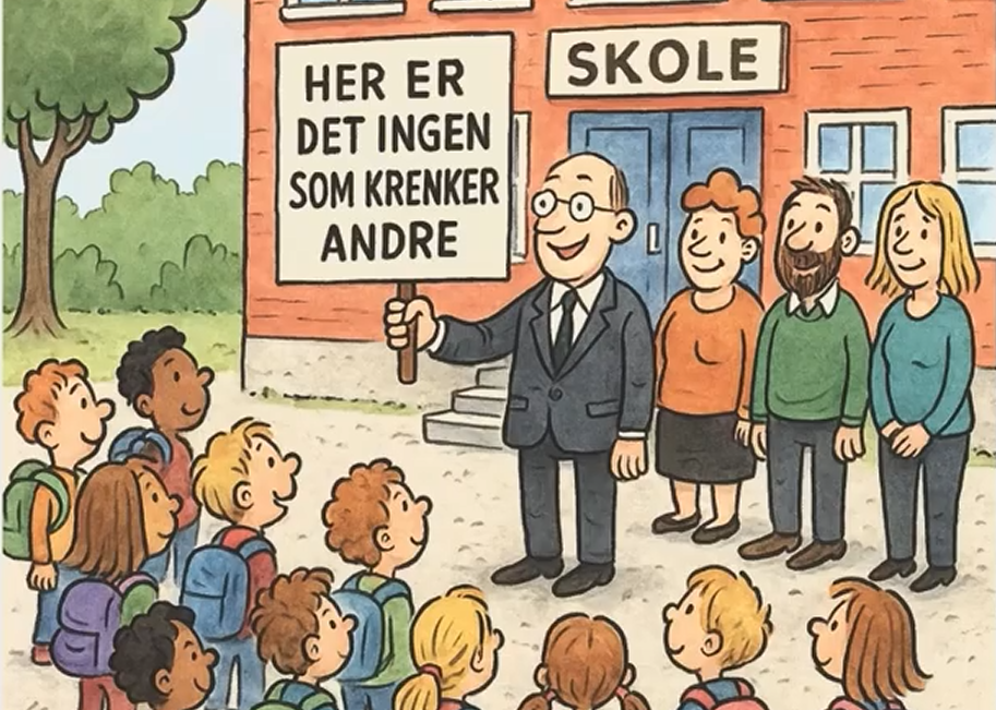 Er nulltoleransen mot krenking i skulen ein realitet? Foto: KI-generert. En rektor holder opp en plakat utenfor skolen. Det står "Her er det ingen som krenker andre".
Lærere står ved siden av ham og smiler, og barna i skolegården smiler. Bildet er tegnet, KI-generert.