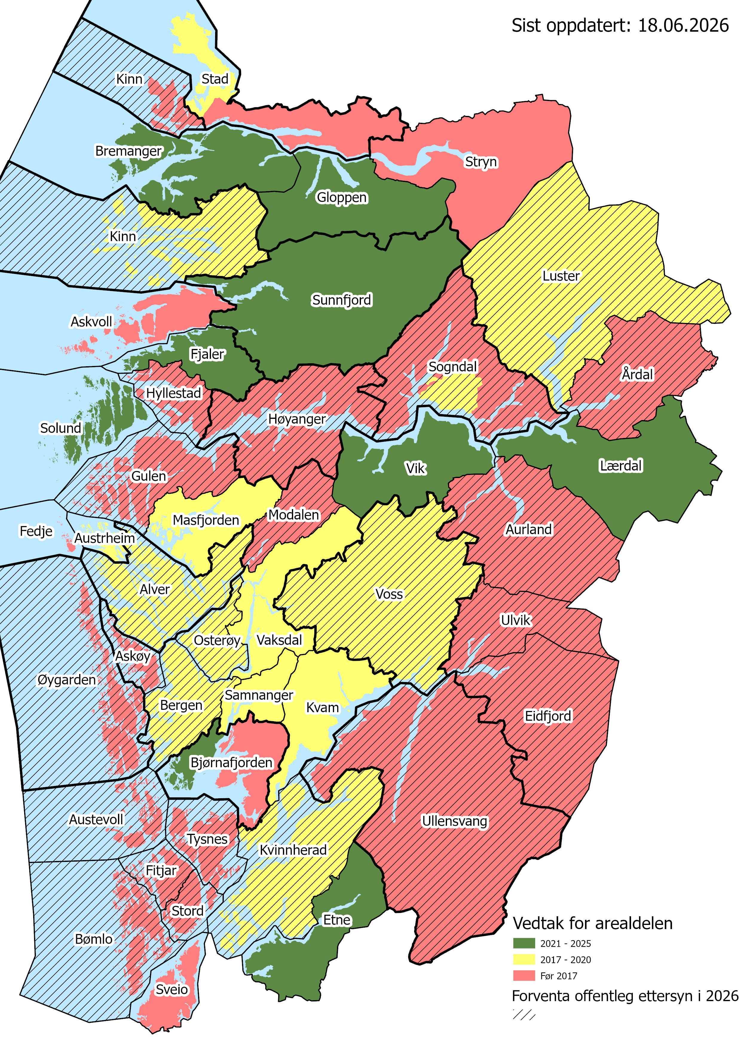 kart over vestland med farge og skravur på kommunane