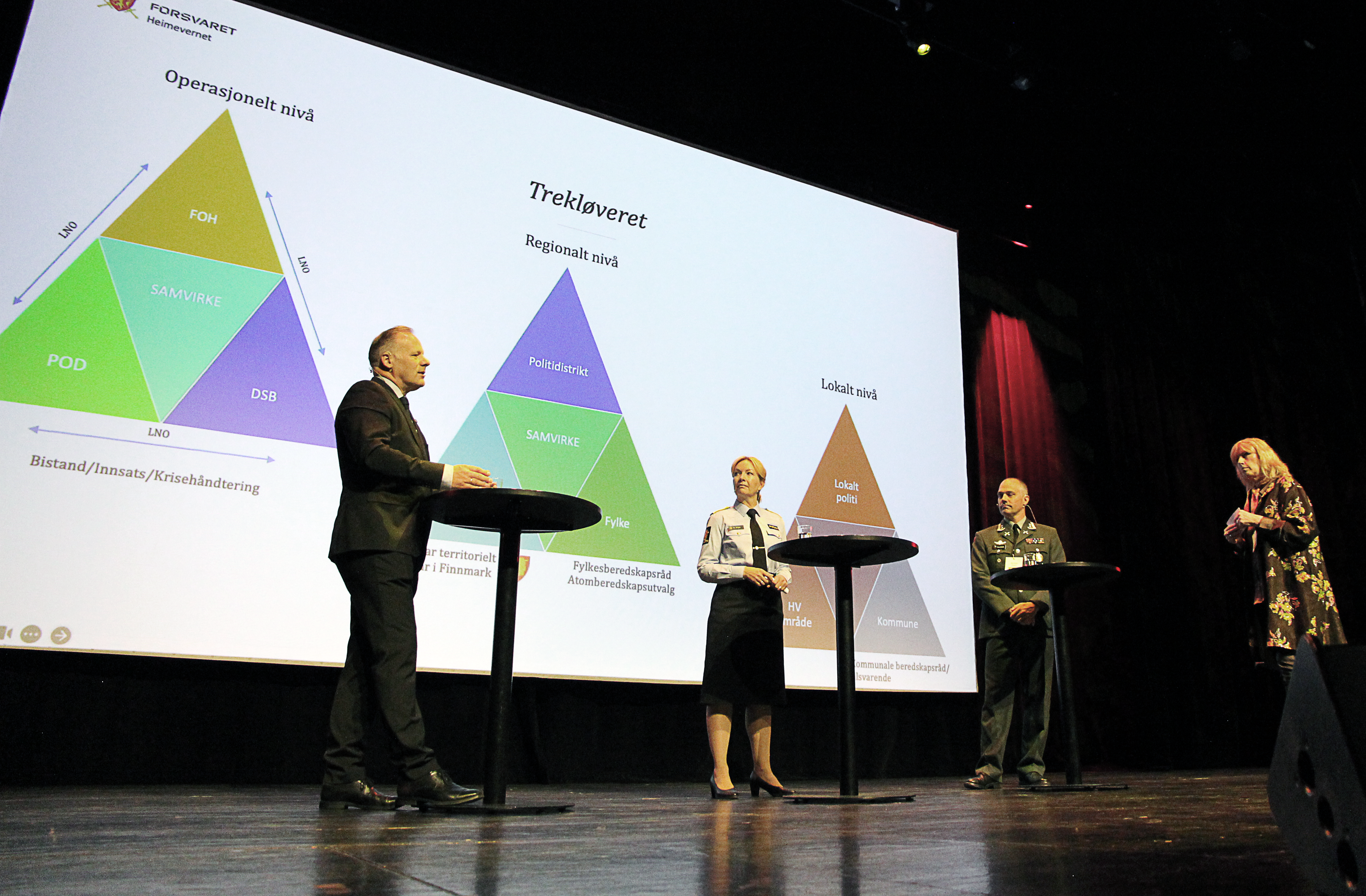 Fra venstre: statsforvalter Trond Rønningen, visepolitimester ved Sør-øst politidistrikt Kathrine Stein og Tony Platek, distriktssjef for Telemark og Buskerud HV-03. Konferansier var Kristin Saga, regiondirektør i NHO. Foto: Statsforvalteren i Vestfold og Telemark / Statsforvalteren i Vestfold og Telemark. Bilde av statsforvalter Trond Rønningen, visepolitimester ved Sør-øst politidistrikt Kathrine Steen og Tony Platek, distriktssjef for Telemark og Buskerud HV-03 i samtale på scenen med konferansier Kristin Saga, regiondirektør i NHO.