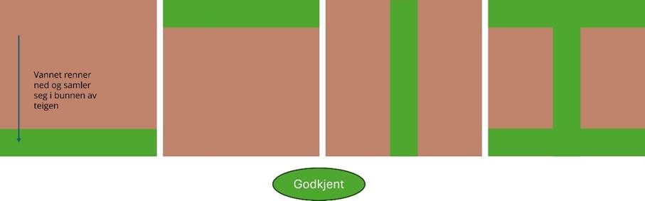 Eksempel på godkjende plasseringar av grassdekte vassvegar. Vassvegar er områda på åkeren der vatn renn og samlar seg. Dette kan være på fleire moglege plasseringar og det er viktig å sjå på arealet og kva veg vatnet naturlig tek. Grasstripa trenger ikkje gå i ei rett linje.