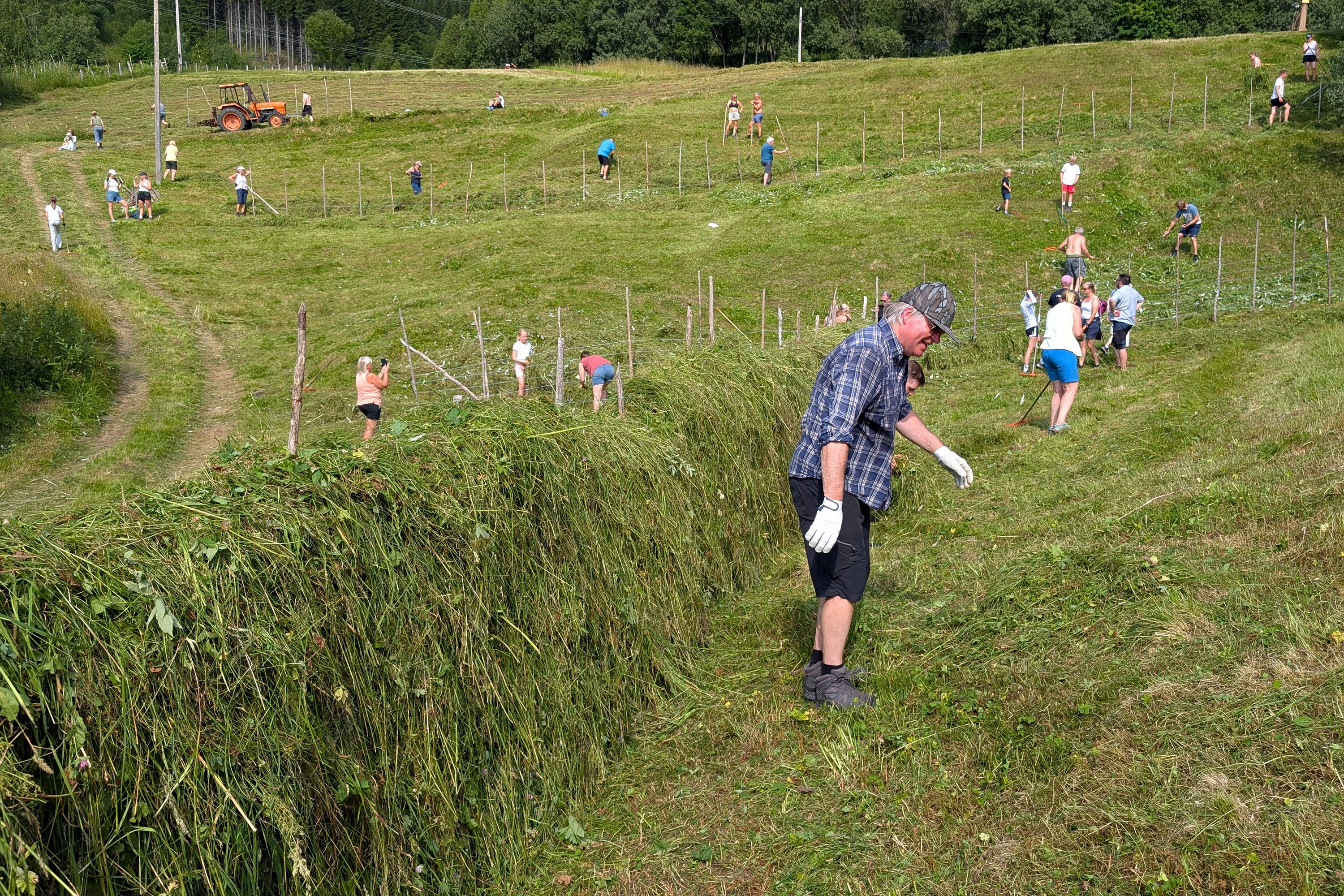 Mennesker står spredt på en skråning med slått gress der noe er hengt opp.