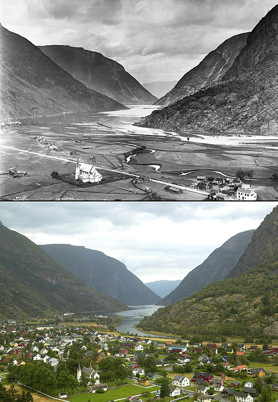 Refotografering er et viktig verktøy for å dokumentere og vise utvikling av arbeidet som vert gjort for å halde kulturlandskapa våre opne. Her viser utviklinga i Lærdalsøyri frå 1884-2004. Oskar Puschmann vil vise fleire biletete under kveldssete den 3. juni i Lærdal kulturhus. Foto: Oskar Puschmann / NIBIO. Landskap med tettsted og fjell og fjord