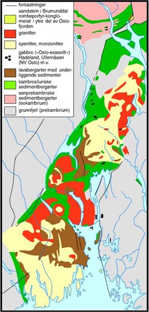 Berggrunnskart over Oslofeltet viser hvor vi finner kalkrike bergarter som gir grunnlag for kalkpåvirket vegetasjon. Men kun hvor vegetasjonen er tilstrekkelig åpen, sør for Randsfjorden, finner vi åpen grunnlendt kalkmark i boreonemoral sone.
(Figur hentet fra Store norske leksikon).
Berggrunnskart over Oslofeltet viser hvor vi finner kalkrike bergarter som gir grunnlag for kalkpåvirket vegetasjon. Men kun hvor vegetasjonen er tilstrekkelig åpen, sør for Randsfjorden, finner vi åpen grunnlendt kalkmark i boreonemoral sone.
(Figur hentet fra Store norske leksikon).