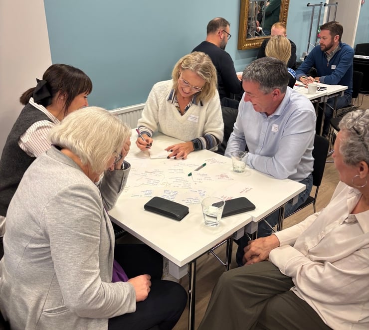 Fem personar som gjer gruppearbeid rundt eit bord.