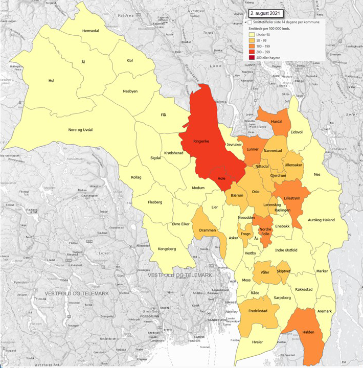 Smittede per 100 000 innbyggere siste 14 dager ved 2. august 2021 Smittede per 100 000 innbyggere siste 14 dager ved 2. august 2021