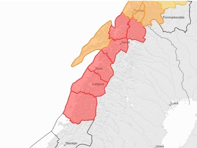 Kart der noen områder er markert med rødt og oransje.