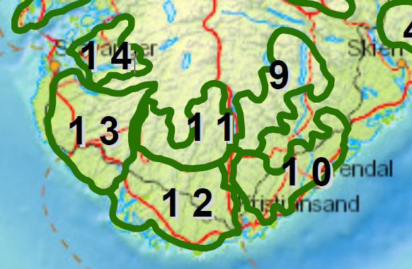 Avgrensning av de fem analyseområdene for vindkraft på land som berører agderfylkene (område 9 - 13).