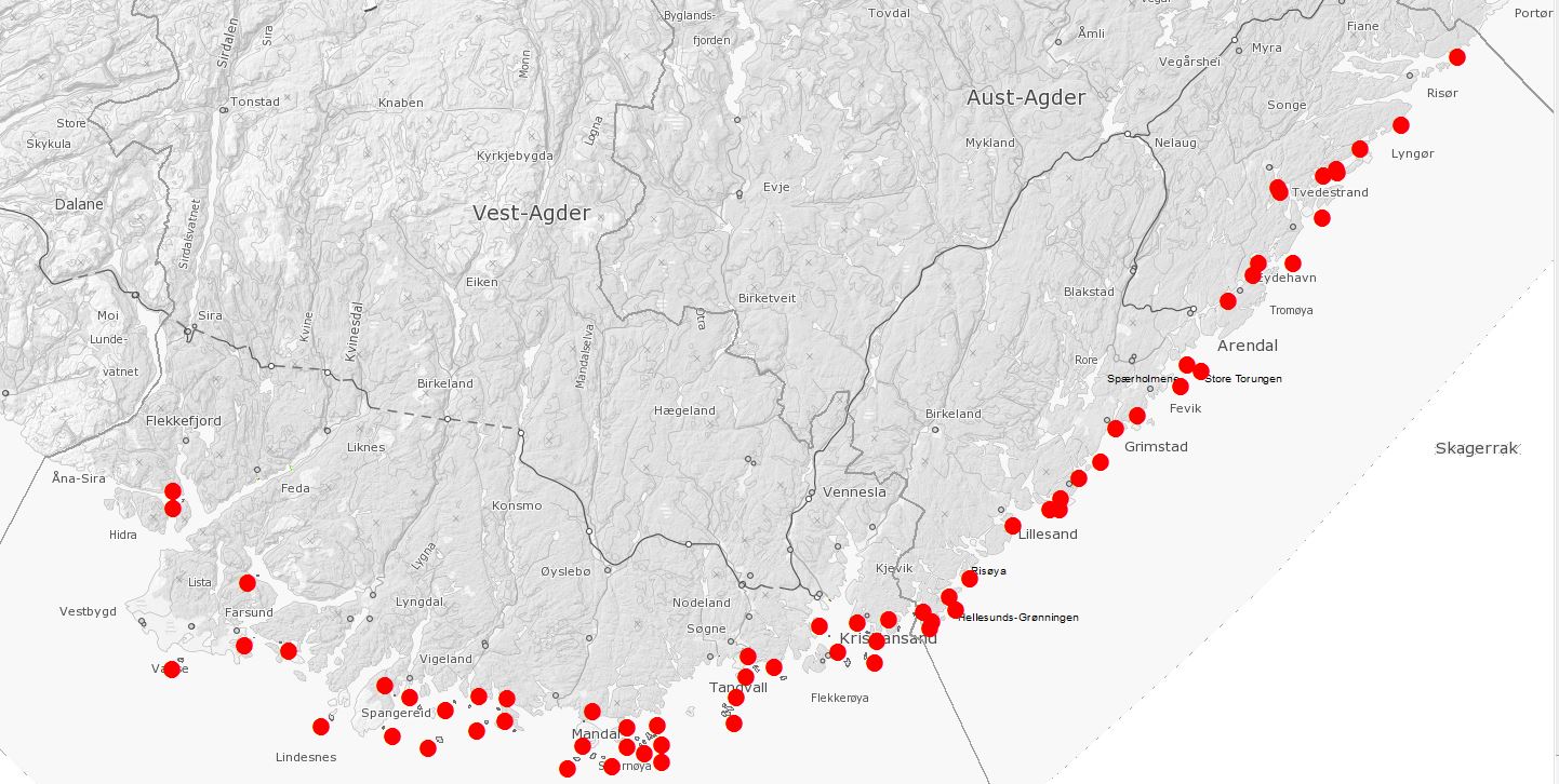Kart som viser plasseringen av sjøfuglreservatene langs kysten i Aust- og Vest-Agder.