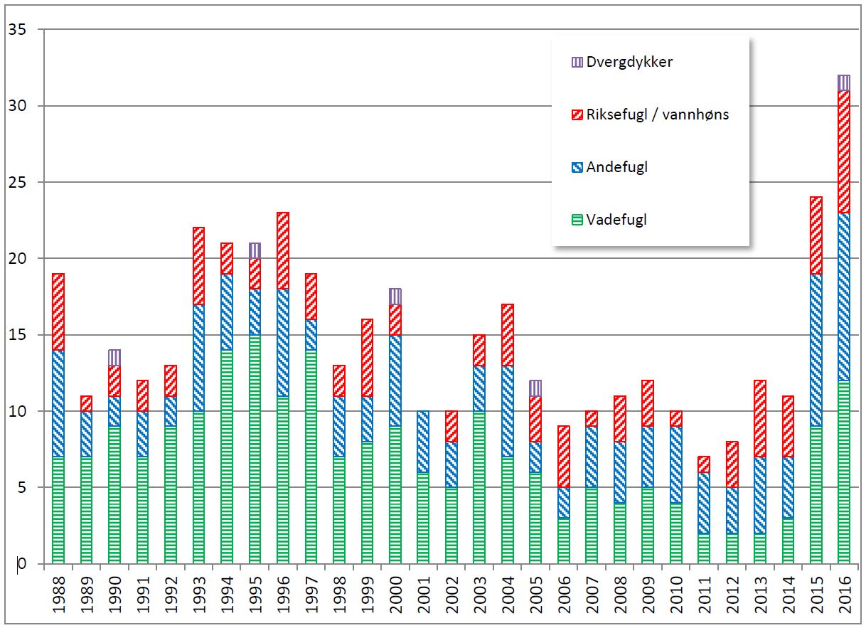 Antall territorielle/stasjonære par av forskjellige grupper våtmarksfugl i Slevdalsvann i hekketiden 1988 - 2016. Sivhauk, trane, hettemåke, jordugle og alle arter spurvefugl er ikke vist her.