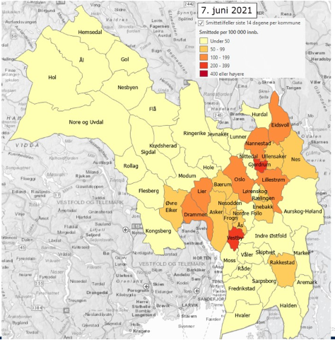 Smittede per 100 000 innbyggere siste 14 dager ved 7. juni 2021 Smittede per 100 000 innbyggere siste 14 dager ved 7. juni 2021