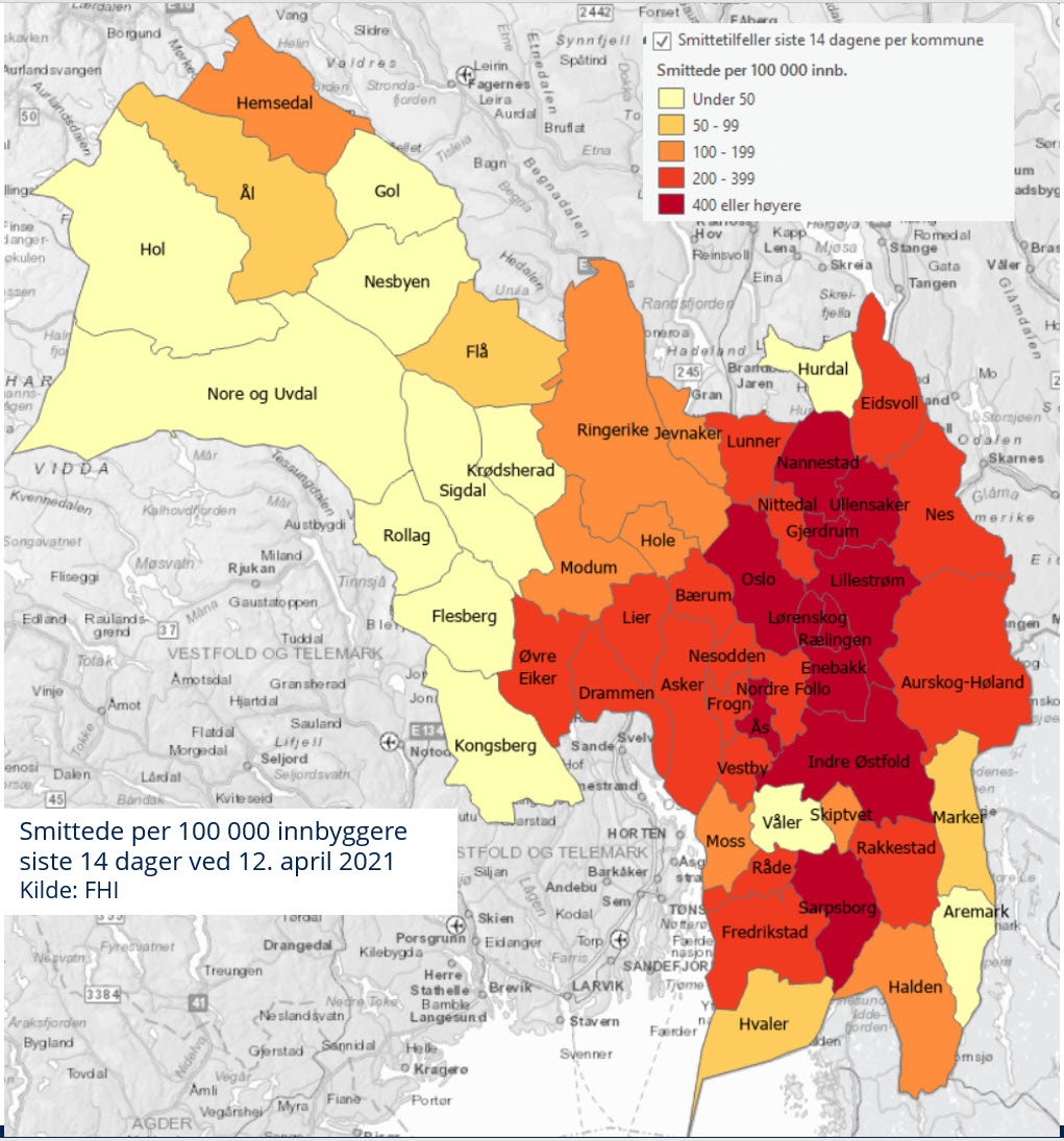 Smittede per 100 000 innbyggere siste 14 dager ved 12. april 2021. Kilde: FHI Smittede per 100 000 innbyggere siste 14 dager ved 12. april 2021. Kilde: FHI