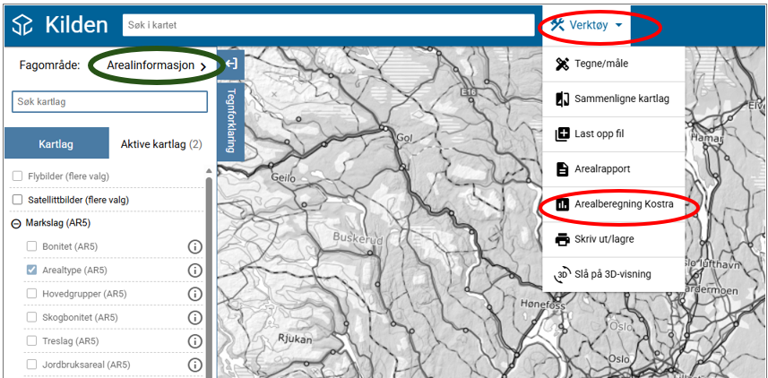 "Arealberegning Kostra" ligger under Verktøy (ringet inn med rødt) for fagområde Arealinformasjon (grønn ring) på NIBIOs kart Kilden. 