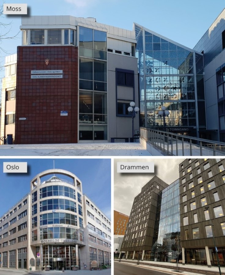 Utvendig bilde av våre kontorsteder i Moss, Oslo og Drammen.