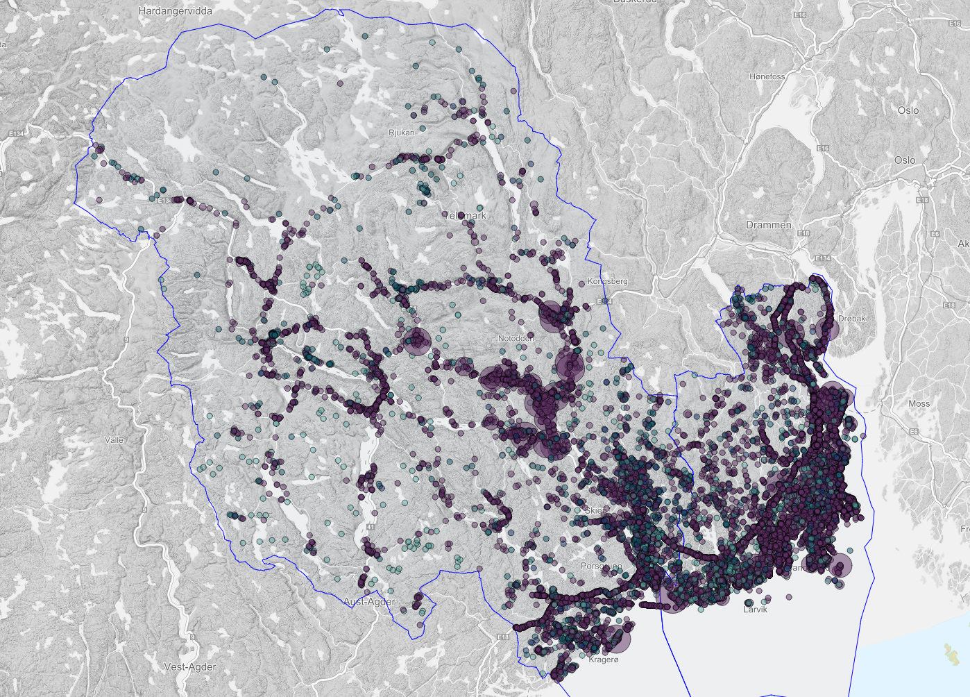 Kart som viser utbredelse av fremmede arter i kategoriene lav, høy, potensielt høy og svært høy risiko for norsk natur