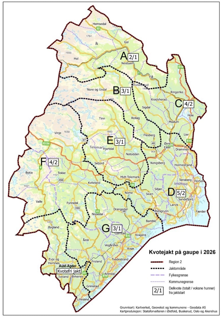 Kart over jaktområdene for gaupe i rovviltregion 2. Kvote/hunndyrkvote er angitt i hvit tekstboks i hvert jaktområde. Foto: Statsforvalteren i Østfold, Buskerud, Oslo og Akershus