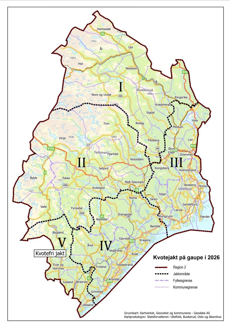 Fra og med mandag 9. februar vil jakten gå tilbake til 4 jaktområder og et kvotefritt område. Foto: Statsforvalteren i Østfold, Buskerud, Oslo og Akershus