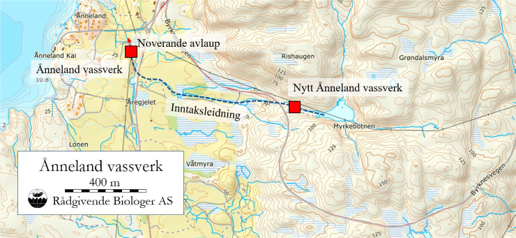 Kart over noverande og nytt Ånneland vassverk med same inntak i vatn i Myrkebotnen. 