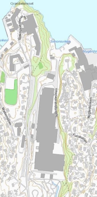 Kart over lokaliteten for Simonsviken næringspark, Sjøkrigsskolen 15