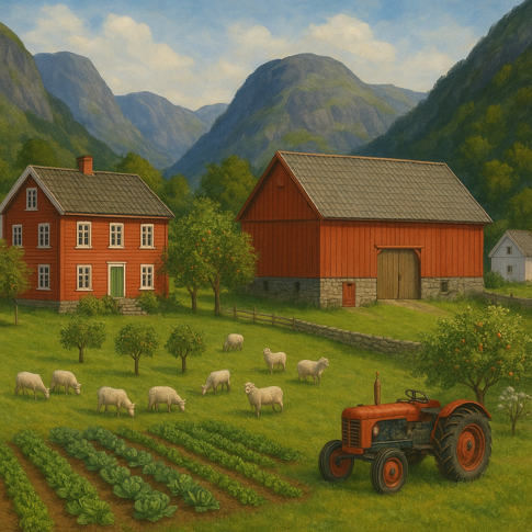 Slik AI ser ein typisk vestlandsgard. Foto: AI-generert / Statsforvaltaren i Vestland.