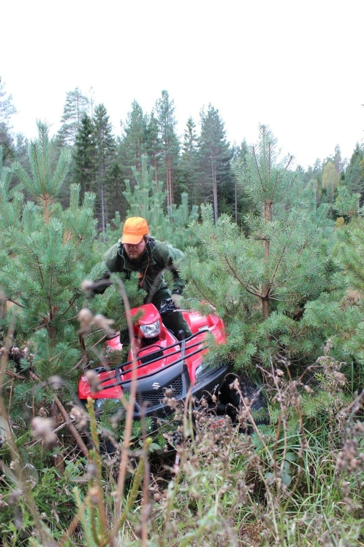 Statsforvaltaren i Troms og Finnmark inviterer til kurs i praktisk sakshandsaming av søknader om motorferdsel i utmark. Vi trur mange kommunar vil ha stort utbytte av kurset, og oppmodar dykk til å melde dykk på. Foto: Øistein Aasland / Statsforvaltaren i Vestland. Mann på ATV i skogkledd område