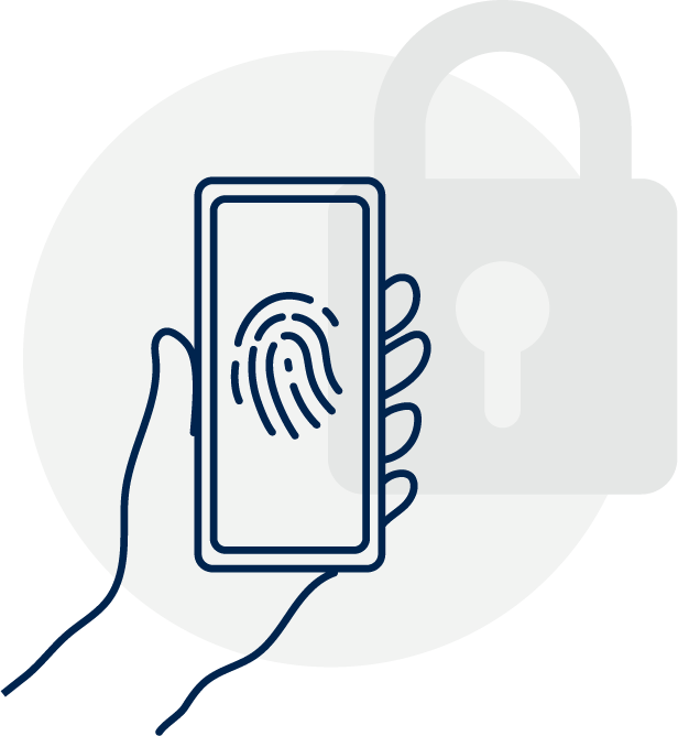 Illustrasjon av en hånd som holder en mobiltelefon med fingeravtrykk på skjermen, en hengelås i bakgrunnen.