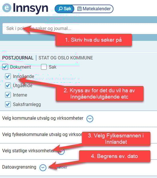 Skjermbilde fra Einnsyn med felt-forklaringer