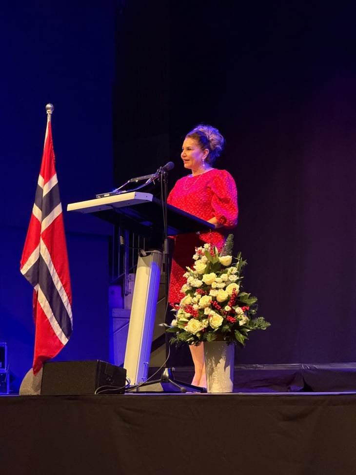 Stortingsrepresentant Fahranas Bahrami holder tale under statsborgerseremoni på Elverum.