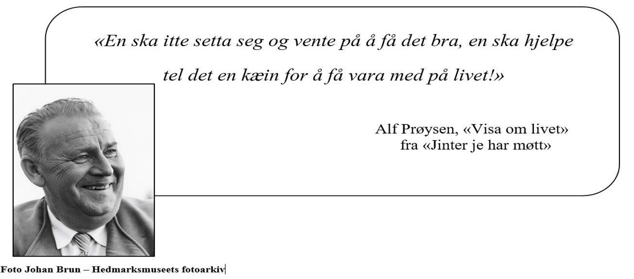 Foto av Alf Prøysen og sitatet En ska itte setta seg og vente på å få det bra, en ska hjelpe tel det en kæin for å få vara med på livet.